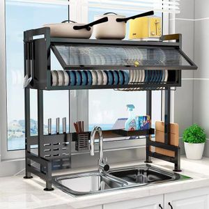 black, stainless steel 2-tier over-the-sink dish rack features a protective cover 