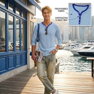 Soft Stretch Comfortable,Men's Long Sleeve Ribbed Henley Shirt with V-Neck Distinctive,Contrast Piping,Casual Base Layer Tee Lightweight Athletic Tee Tops
