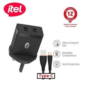 itel 2 USB Port, 12W Faster Charger With Free Type-C Cable 