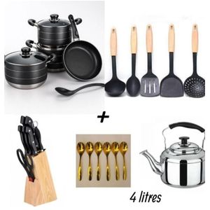 Knife set+ gold spoon set+ nonstick dishing spoon+ whistling kettle+ non stick pots with fry pan 