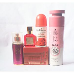 Special Package Fragrance Gift Set Combo of 4 in 1 of Kaly Body Mist, Enchanteur Roll On, Bakkarrat 25ml EDP and Yara Smart  Deodorant Body Spray 