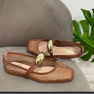 Women’s brown Mesh Loafers with Gold Buckle – Stylish Casual Flat Shoes (sizes 37-41)