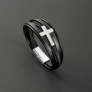 Premium Christian Cross Leather Bracelet for Men and Women with Stainless Steel Cross Charm, Braided Multi-Layer Adjustable Wristband, Fashion Religious Jewelry Gift for Daily Wear, Church, Prayer, and Special Occasions