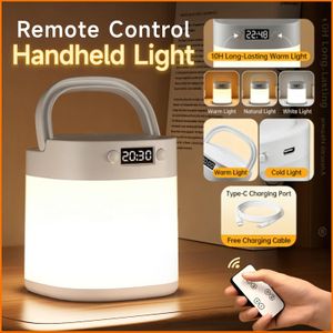 Rechargeable Bedside Night Light with Digital Clock & Remote - 2400mAh Emergency Lamp (Tap Control)
