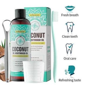 KORMESIC 315ML Coconut Peppermint Mouthwash Oil Pulling Tongue Scraper Oil Mouthwash Kit Oral Care Mouthwash Coconut Oil for Fresh Breath Gums, Deep Cleaning Oral Care + Tongue Scraper, Fresh Breath,Natural Essential Oil Care, Long-Lasting Fresh Breath Mouthwash