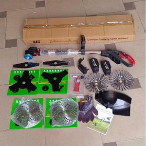 Big rechargeable telescopic weed eater with 2 batteries & 4 types of powerful blades for farms, gardens & homes