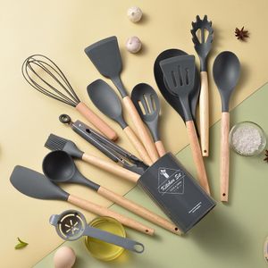Wood - Handled Silicone Kitchenware Set, Round Bucket