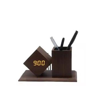 Bamboo Digital Alarm Clock With Pen Holder