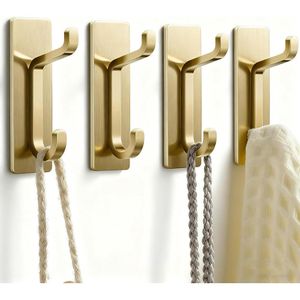 Self Adhesive Hooks, Extra Sticky 10LB (Max), Heavy Duty Stainless, Stick On Wall and Door Hooks for Hanging, Bathroom Towel Hooks and Coat Hooks, Robe Hook Wall Mounted, Gold, 4 Pack