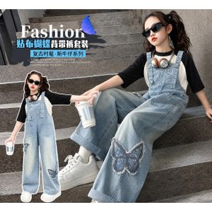 Kids Girls Denim Overall & Long Sleeve Shirt 2-Piece Set – Butterfly Patch Casual Outfit