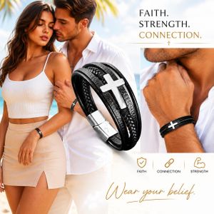 PREMIUM unisex Black Leather Cross Bracelet Stainless Steel Magnetic Christian Faith Bracelets for men Adjustable Braided Leather Wristband Cuff Bracelet bangles for Men and Women Gift for Husband Boyfriend Dad couple Unisex Casual Bangle