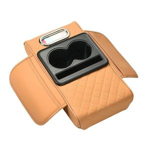 Universal Car Armrest Cushion With Cup Holder & Tissue Box - Light Brown