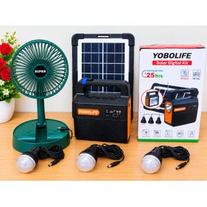 YOBOLIFE Reliable Strong Rechargable Kit with Radio and Bluetooth and  Super Lasting Rechargable Fan (Including 3Bulb , Panel and Recharble cable)
