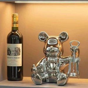 Adorable & Modern Chrome-Plated Bear Wine Bottle Holder with Corkscrew Set