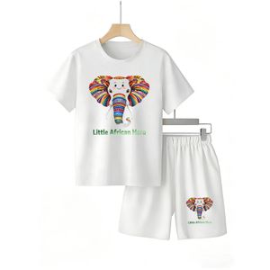 Little African Hero Elephant Print Children's Short-sleeve Set - Unisex Pure White Casual T-shirt and Shorts Two-piece Set