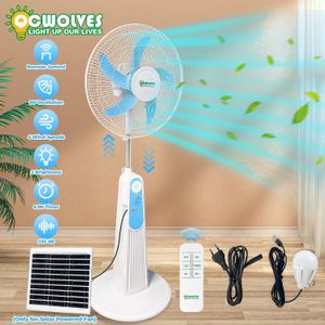 QCWOLVES 16 Inch Standing Fan, Rechargeable Pedestal Fan with LED Light Night, 4 Speeds, Wide-Angled Oscillation, Remote Control, Powerful Airflow, Adjustable Height, Floor Fan for Bedroom, White