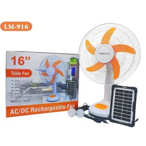 YOBOLIFE Lm-916 16 Inch Rechargeable & Solar Table Fan LED Light USB Charger With Solar Panel 2 Bulb For Office And Home (Lithium Battery)