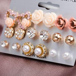 Ladies Elegant Flower Jewelry Set Stud Earrings 9 Pairs Fashion Diamond Pearls