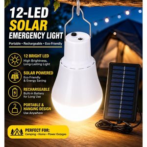 12-LED Solar Emergency Light with Solar Panel, Portable Rechargeable Hanging Bulb for Camping, Home & Power Outage Lighting