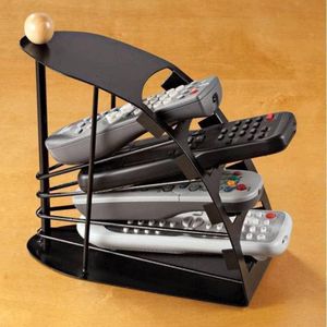 Remote Control Organizer Caddy featuring a black metal frame and a small wooden ball on top.