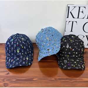 Clo Women's Multi-Color Irregular Handcrafted Gemstone Rhinestone Distressed Ripped Denim Baseball Cap, Y2K Vintage Shiny Adjustable Sun Hat, Fashionable Street Style Casual Dad Hat, Suitable for Outdoor Travel Wear
