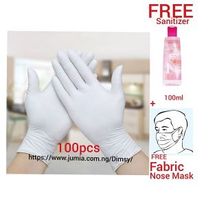 100 Pieces Disposable Latex Examination Hand Glove + Free Alcohol Anti Bacterial Hand Sanitizer + Fabric Nose Mask