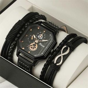 5Pcs/set men's quartz bracelet set, casual PU leather strap, cool black watch, large dial, square sports watch, 8-shaped bracelet