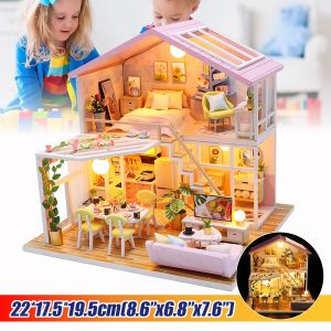 Wooden Doll House with Toys and Furniture Accessories with LED Light for  Ages 3 plus