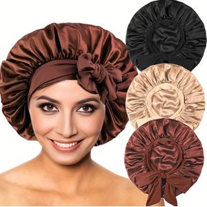 Clo 3pcs Set Stretchy Ribbon Satin Sleep Cap for Women, Brimless Adjustable Tie-Back Headscarf Hat, Beauty Hair Care Cap