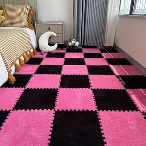 10-Piece Fluffy Interlocking Rug Block Play Mat, Plush Foam Floor Mat with Border, Interlocking Puzzle Floor Protector - Pink + Black