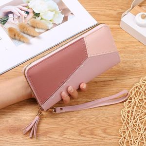 Women's Color Block Tassel Wallet, PU Leather Zip-around Clutch with Wrist Strap