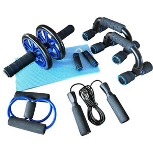 Five-piece Gym equipment set for muscle training rollers, ab rollers, push-up bars, jump ropes, and home fitness. - blue