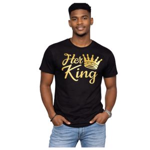 DAMBA Her King Men’s Premium Black T-Shirt – Gold Crown Print - Couple & Valentine Tee
