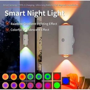 Smart Motion Sensor Night Light – RGB Rainbow Gradient, USB Type-C Rechargeable, Magnetic Wall Lamp