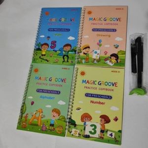 Magic Groove Reusable Practice Copybook Set for Preschool Learning – 4 Books with Magic Pen