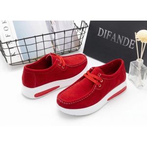 Women's Red Suede Platform Sneakers. Lace-Up Casual Chunky Shoes
