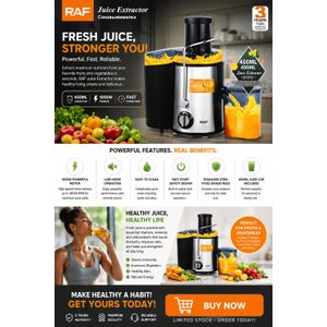 RAF Juice Extractor R.2817S – 450ML Capacity, 1600W Power, 18000 RPM Motor, Stainless Steel Tool Head, Ice Crushing Function