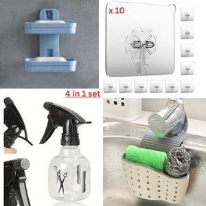 4 in 1 Set 2 Layer Soap Dish Box, Self-adhesive Wall Hook, Self-adhesive Wall Hook, Kitchen Sink Sponge Rack set of 4
