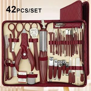 42-piece stainless steel nail clipper set with large pliers, eyebrow trimmer, and ear pick - Red