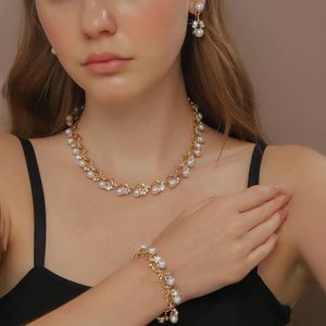 : 3-Piece Gold Rose Pearl Jewelry Set – Crystal Branch Necklace, Bracelet & Drop Earrings