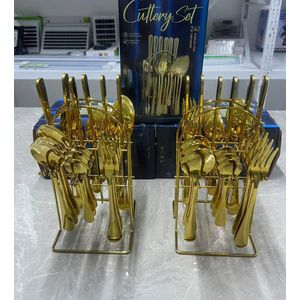 24pcs Cutlery Set - Gold Plated Spoon/ Fork/Knife Set With Holder