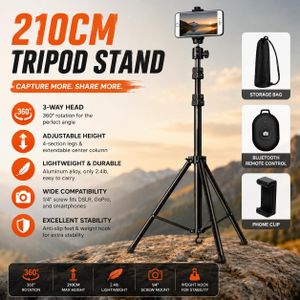 2.1M Tripod Stand Phone Holder 5 in 1 Camera Pack Tripod Stand+ Ball Head +Phone Clip+ Bluetooth Remote + Black Storage Bag For Camera Mobile Phone Photography Tripod Stand