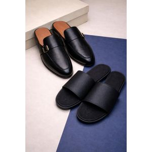 Men's Premium Leather Half Shoe & Leather Cover Slide - Black