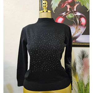 Women long sleeve Round Neck cotton Top with rhinestone 