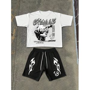 Dou-color Men's SKULLS Cyber Robot Print T-Shirt and Shorts Set 2 Piece Street Flame Trend Tracksuit Summer Outfit