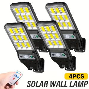 4pcs Commercial Street Solar Wall Sconce, Adjustable Angle, 9COB IR Sensor Wall Sconce with Motion Sensor, Commercial Neighborhood Floodlight with Remote Control, for Patios, Gardens, Street Fences, Gazebos and Decks