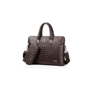 Men's Brown Crocodile Leather Laptop Bag Office Briefcase Corporate Side Bag With Free Wallet For Business