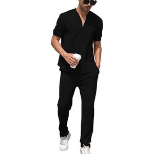 Men's Casual 2PCS Short Sleeve T-Shirt and Pants Set - Black