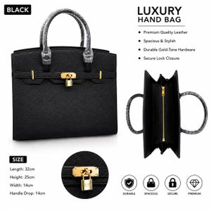 Fashion Express Women’s Large Elegant Lock Handbag – Premium PU Leather Ladies’ Handbag with Gold-Tone Hardware & Secure Lock Closure