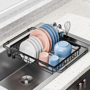 Over-the-Sink Dish Drying Rack – Expandable 40- 61 cm, Adjustable Plate Drainer with Utensil Holder, Fits Most Kitchen Sinks, Space-Saving Design, Rust-Proof & Tool-Free Assembly